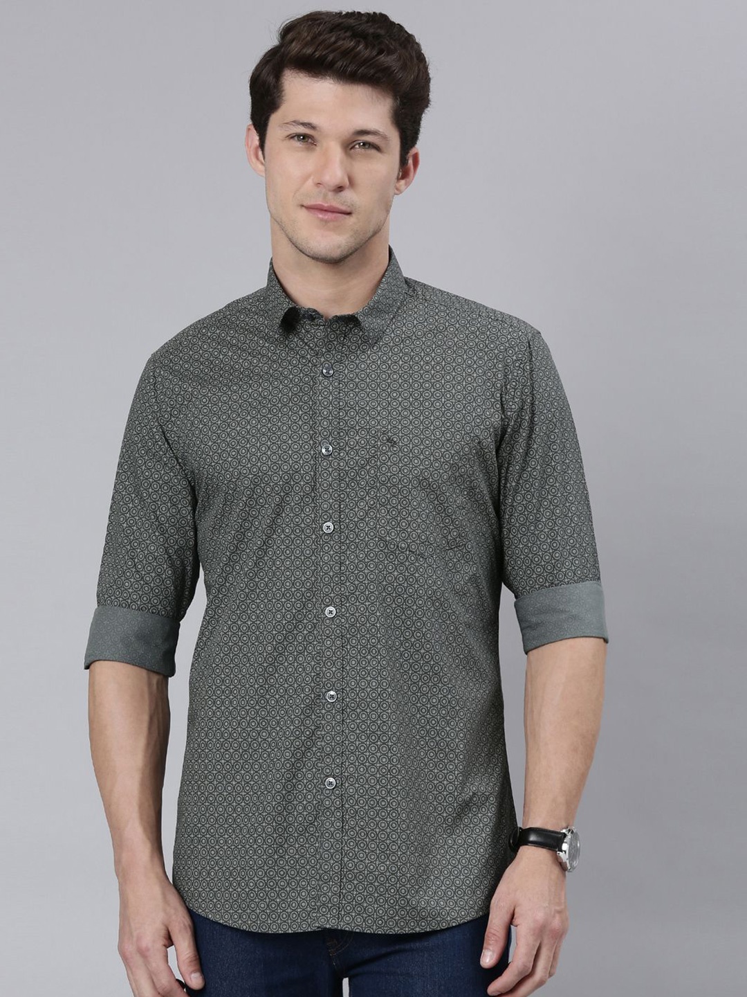 

Classic Polo Men Cotton Printed Slim Fit Spread Collar Opaque Casual Shirt, Grey