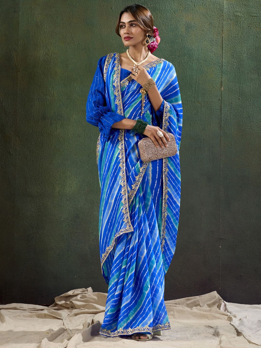 

Anouk Striped Printed Sequinned Embroidered Saree, Blue