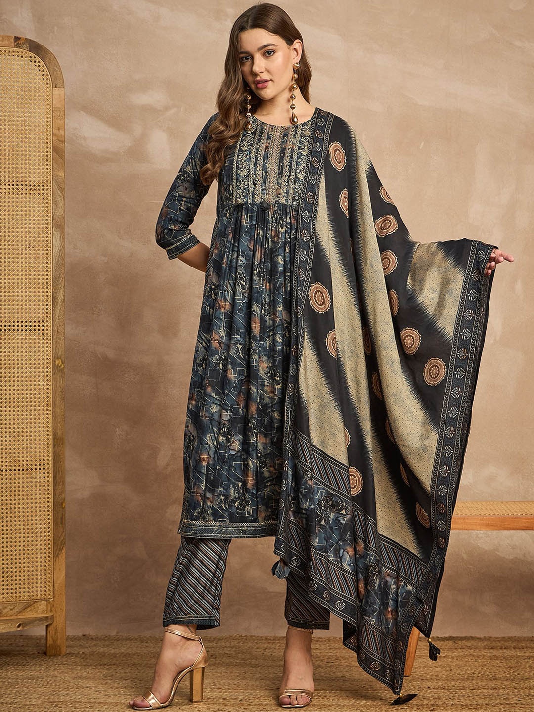 

all about you Navy Blue & Gold Floral Printed A-Line Kurta with Trousers & Dupatta