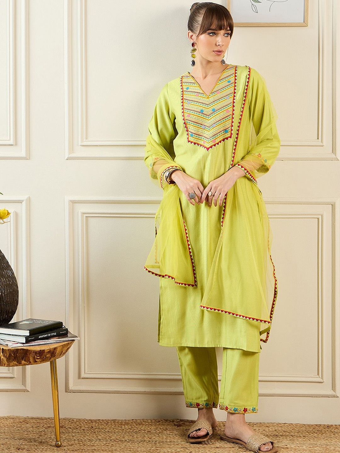 

Indo Era Green Floral Embroidered V-Neck Straight Kurta with Trousers & Dupatta