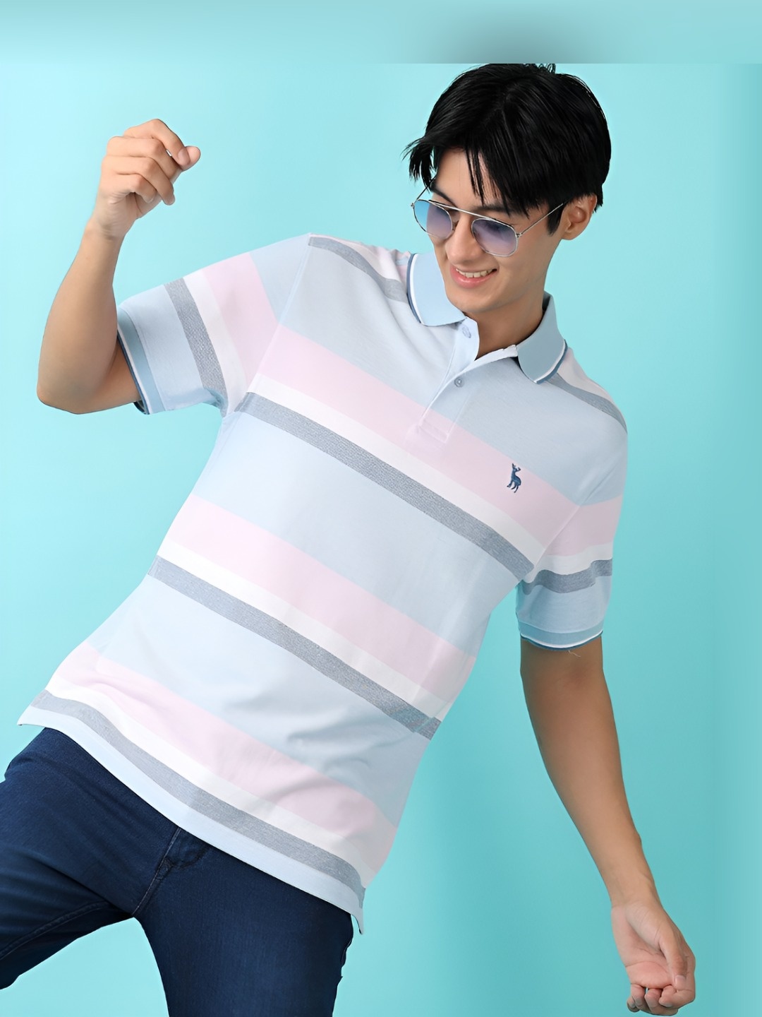 

V-Mart Men Striped Polo Collar Cotton T-shirt, Blue