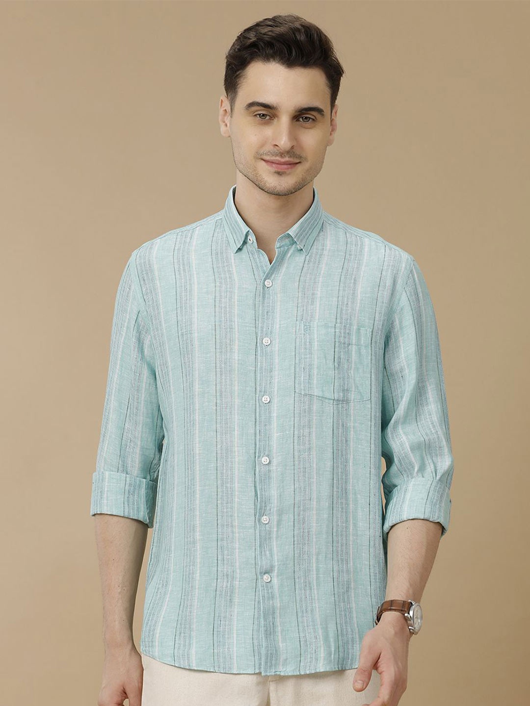 

Linen Club Men Contemporary Spread Collar Vertical Striped Linen Slim Fit Casual Shirt, Blue