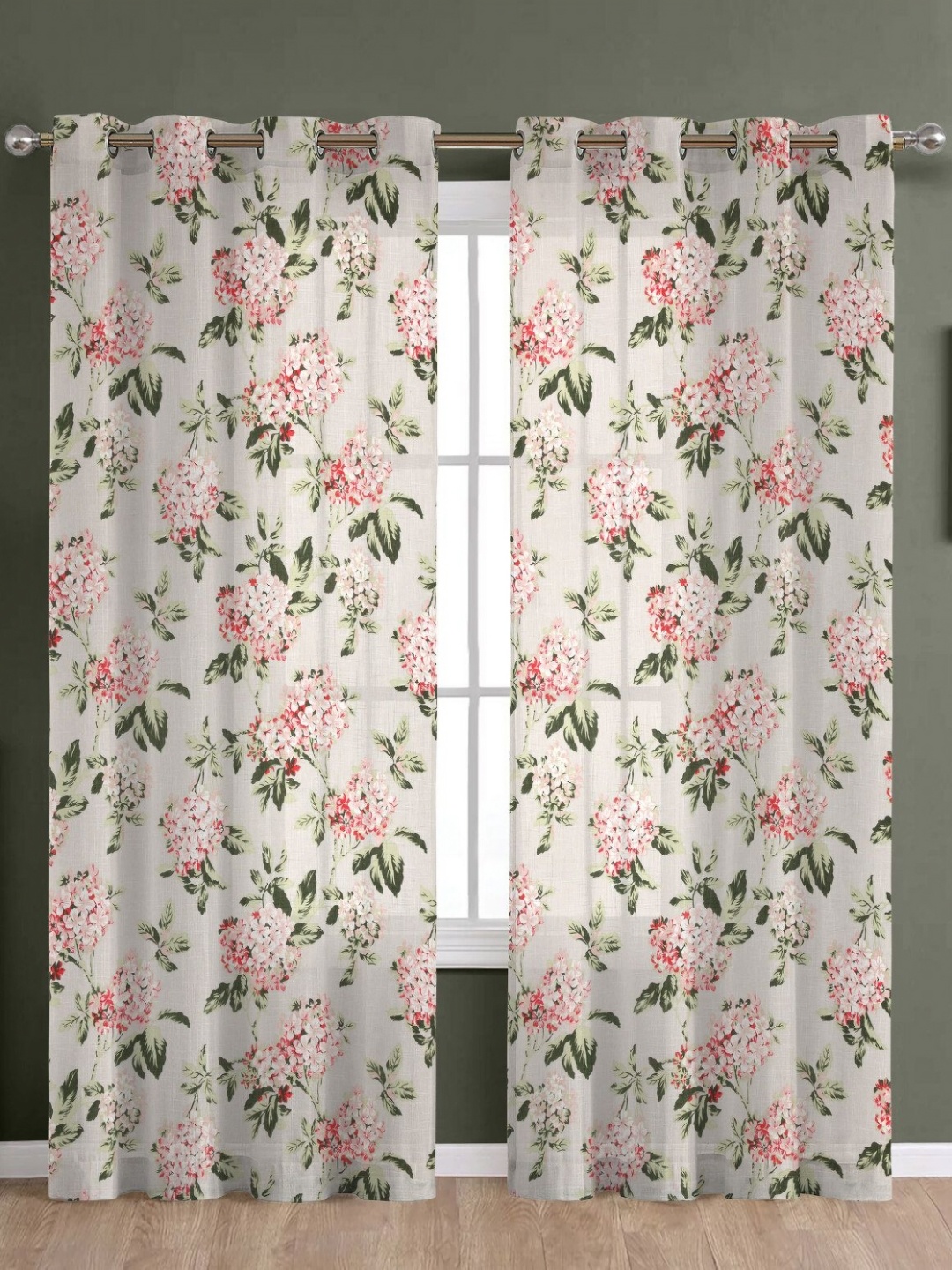 

THE LINEN COMPANY White & Pink 2 Pieces Floral Printed Sheer Window Curtains