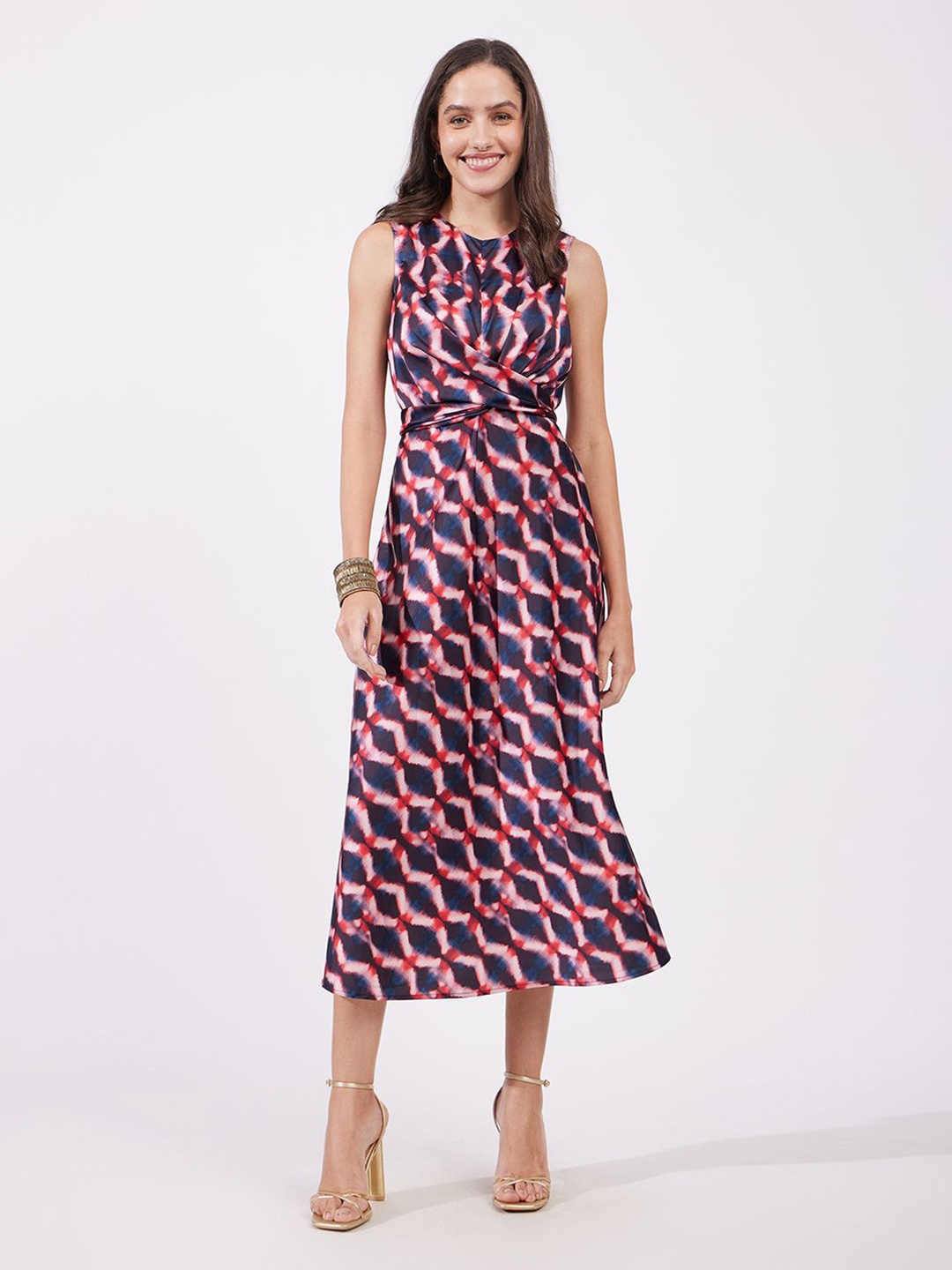 

FableStreet Geometric Printed A-Line Midi Dress, Navy blue