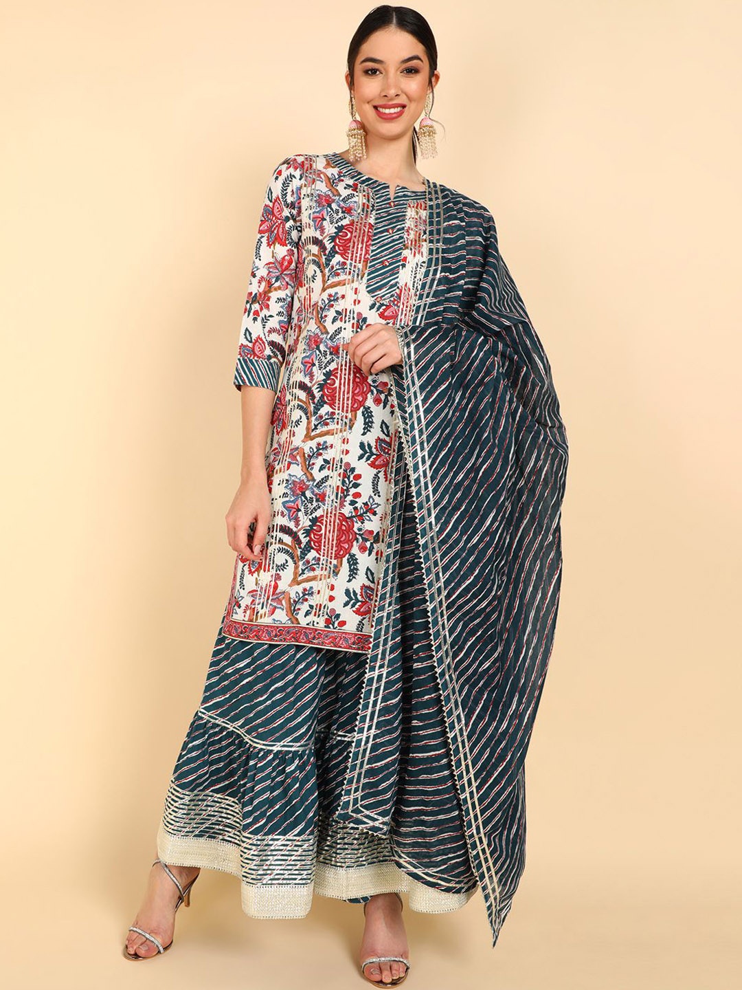 

AHIKA Floral Printed Regular Pure Cotton Straight Kurta with Sharara & Dupatta, White