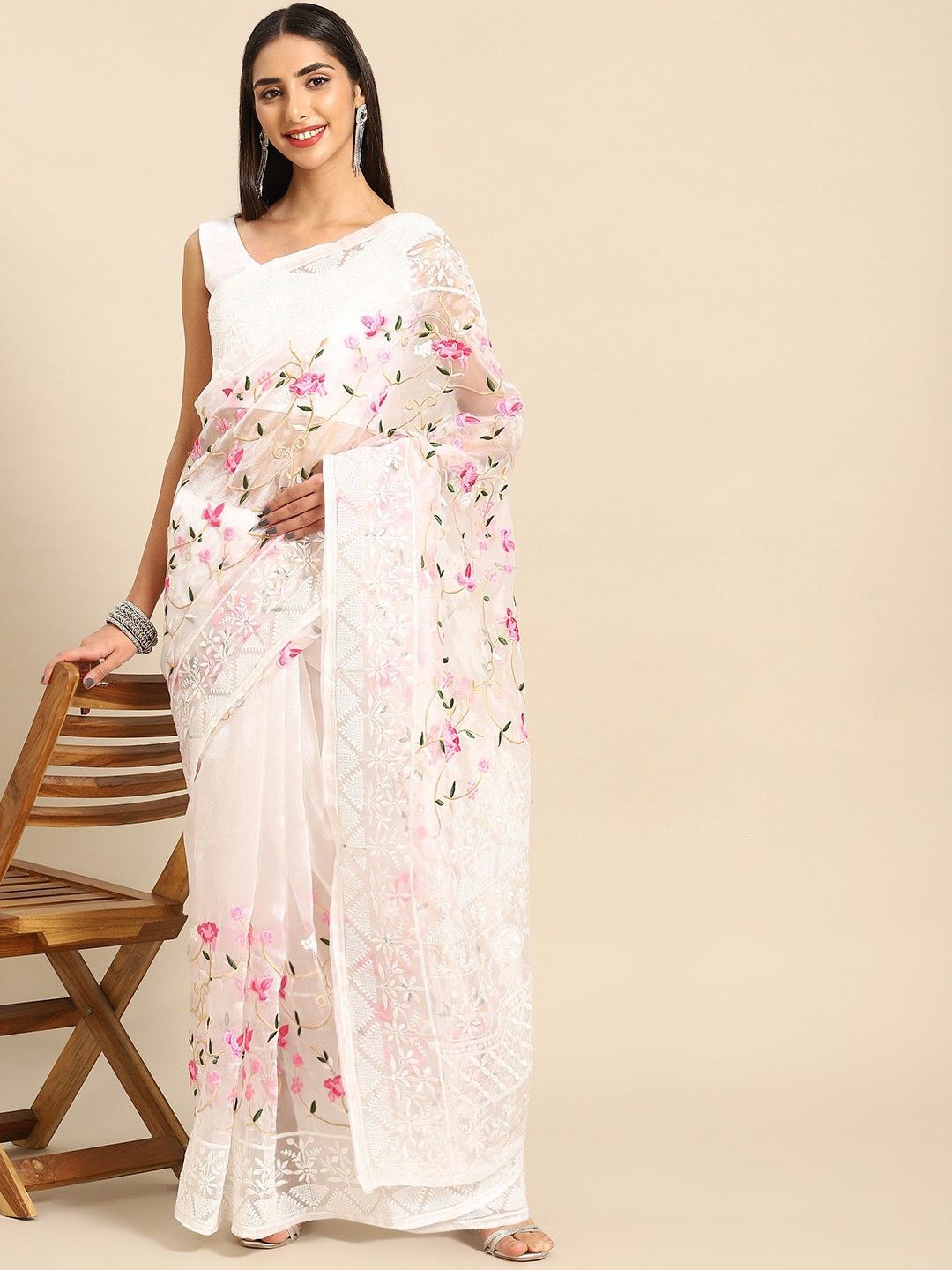 

Anouk Floral Embroidered Organza Saree, White
