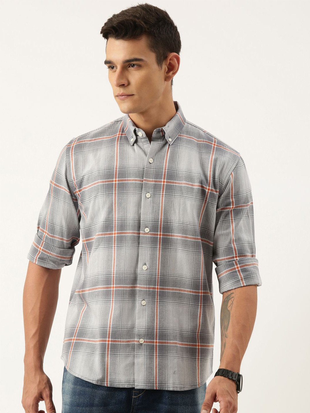 

ROLLER FASHIONS Men Button-Down Collar Buffalo Checked Cotton Slim Fit Casual Shirt, Grey