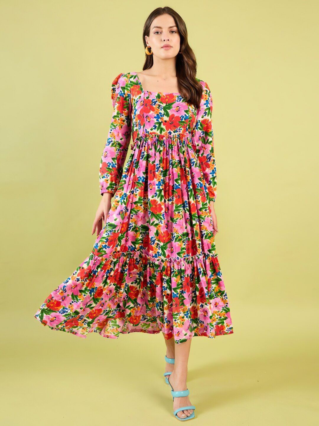

ZWERLON Floral Printed Applique A-Line Midi Dress, Red