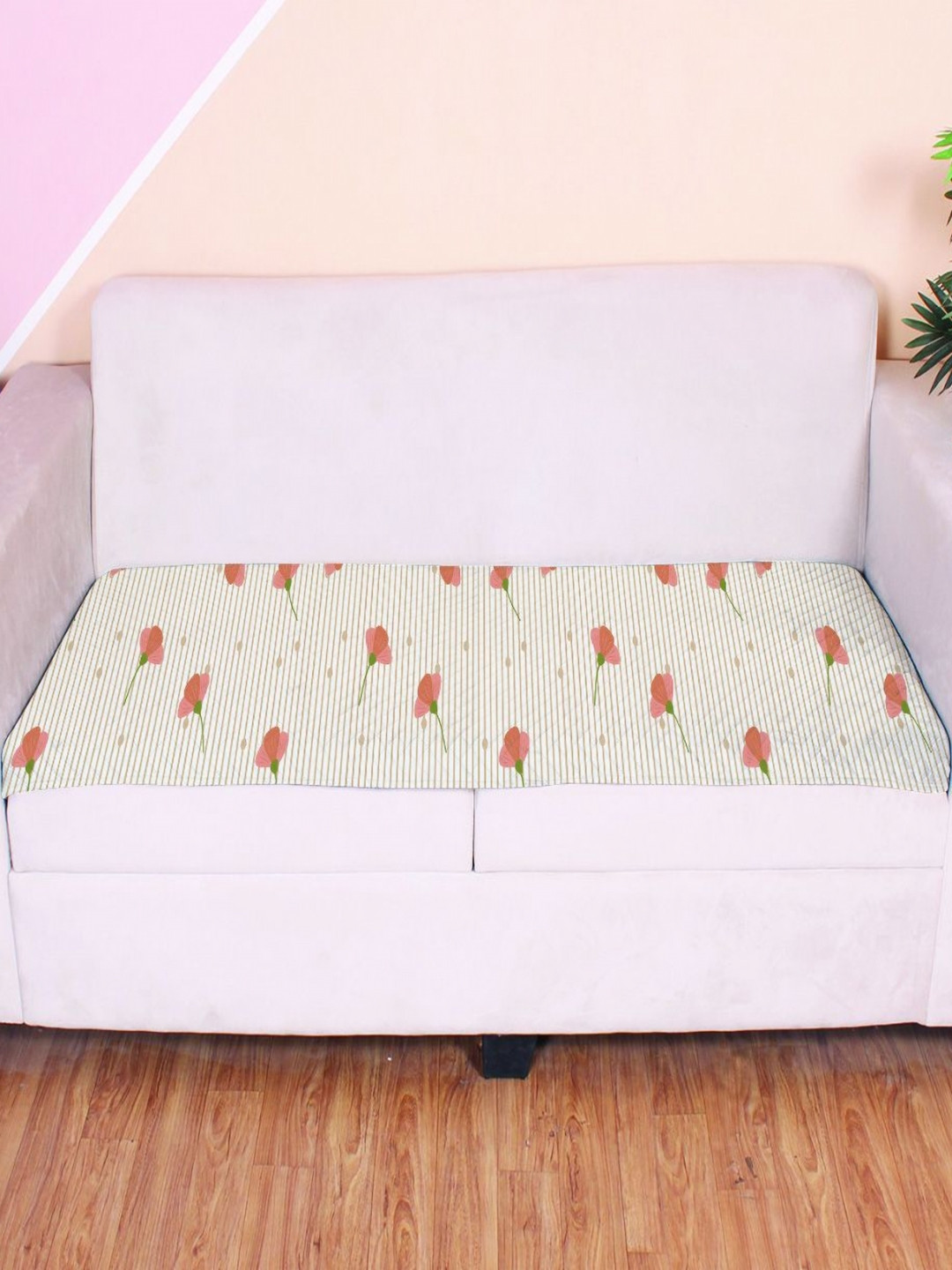 

STITCHNEST Maroon & White Floral Printed Velvet 2 Seater Anti Slip Sofa Cover, Peach