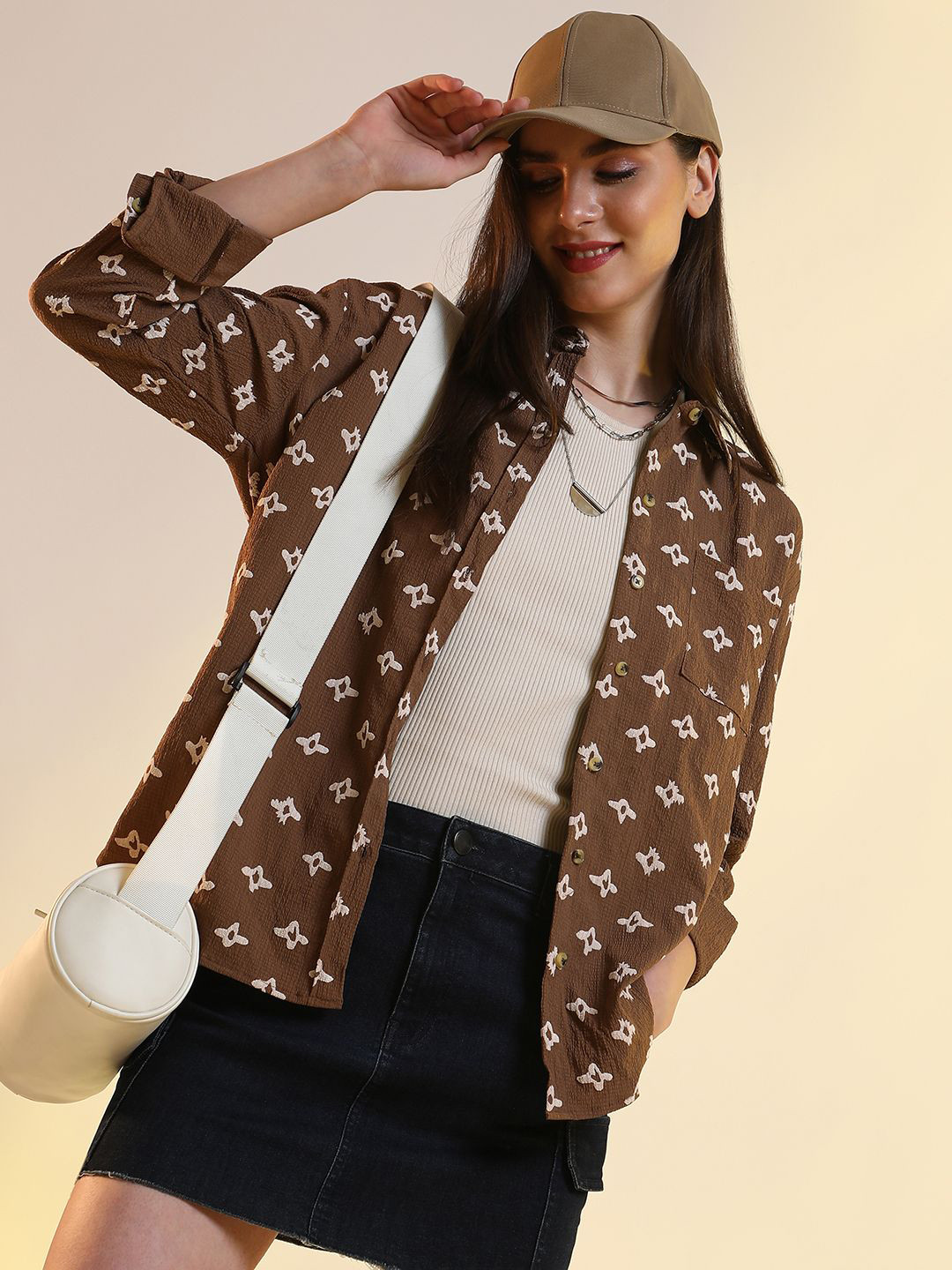 

PINACOLADA Women Comfort Spread Collar Conversational Printed Oversized Casual Shirt, Brown