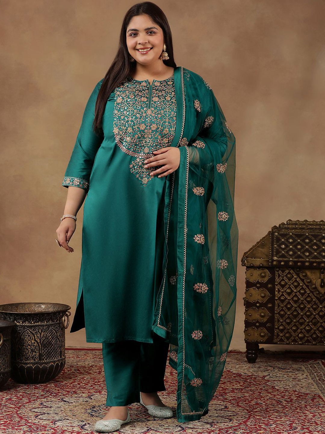 

INDDUS PLUS Ethnic Motifs Embroidered Zari Straight Kurta with Trousers & Dupatta, Green