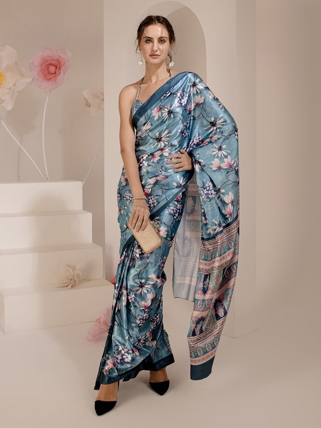 

BAESD Floral Printed Pure Silk Bagh Saree, Blue