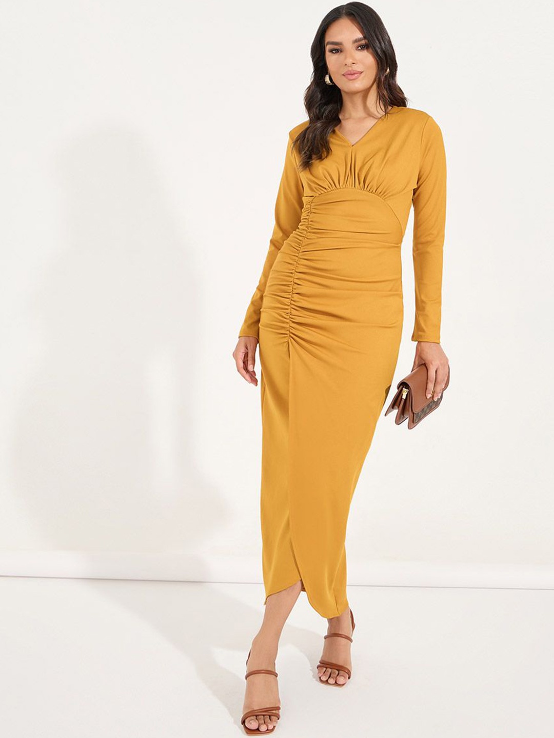 

Styli Women Solid Round Neck Gathered Detail Bodycon Maxi Dress, Yellow