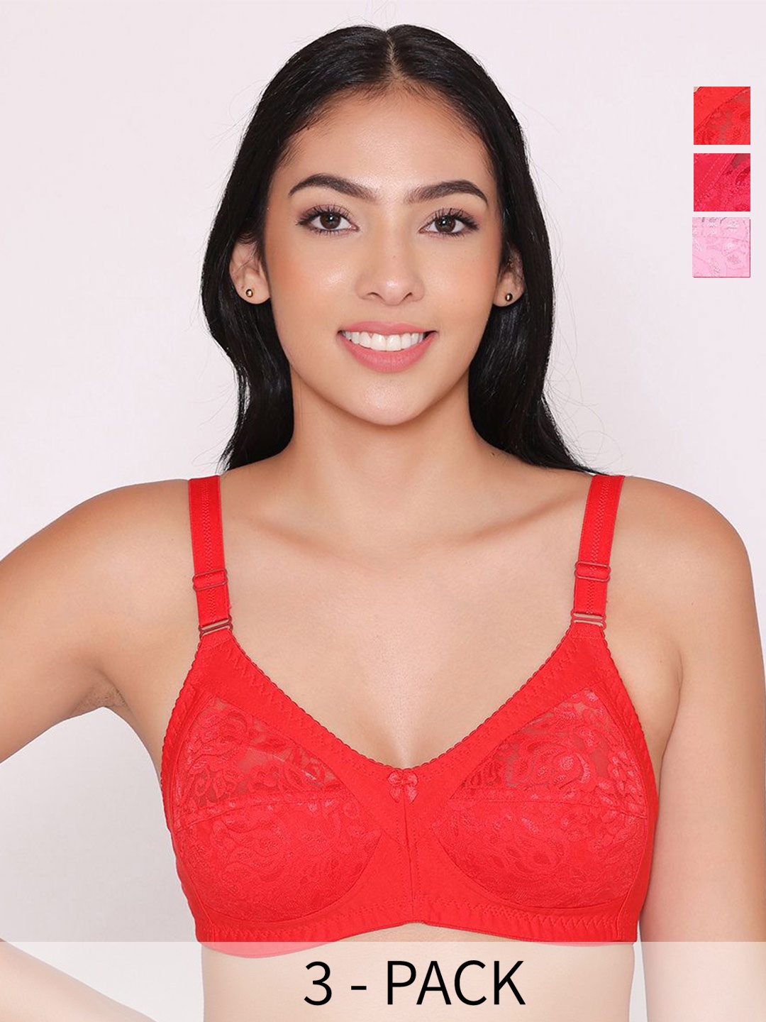 

INKURV Pack Of 3 Full Coverage Non Padded Bra, Red