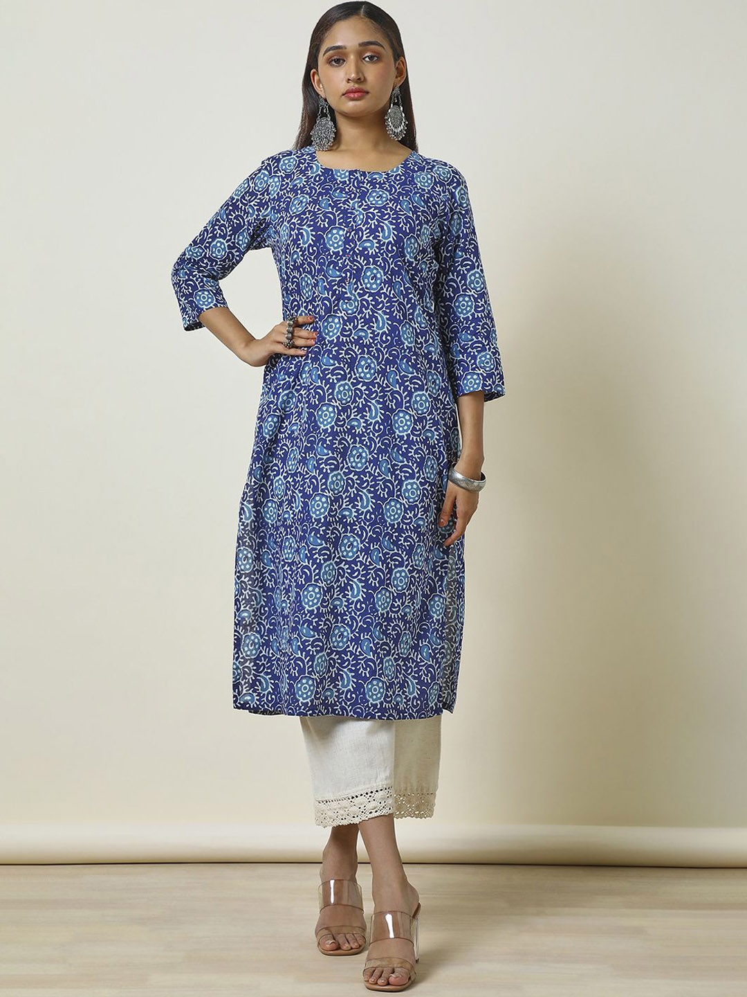 

Soch Floral Printed Mirror Work Cotton Straight Kurta, Blue