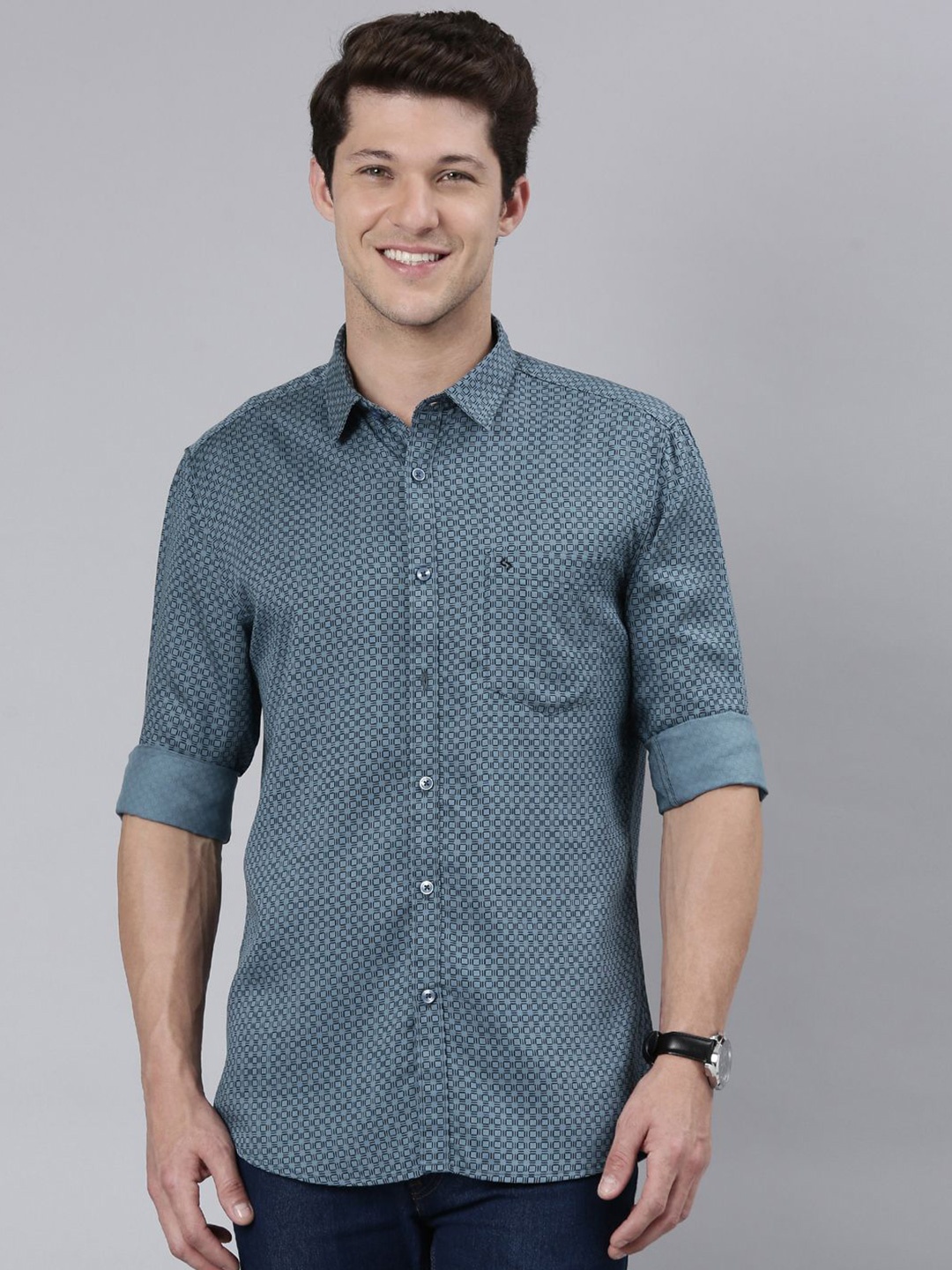

Classic Polo Men India Slim Spread Collar Geometric Printed Cotton Casual Shirt, Teal