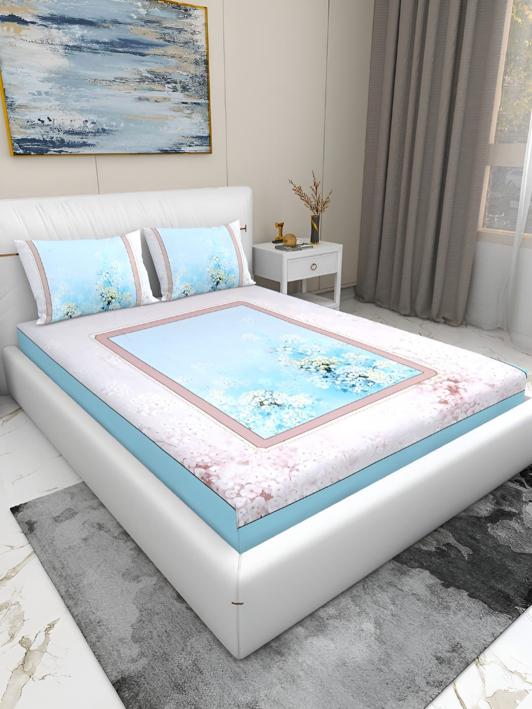 

GAPU & BALY Kids Pink & Blue Floral Printed 180 TC King Bedsheet & 2 Pillow Covers