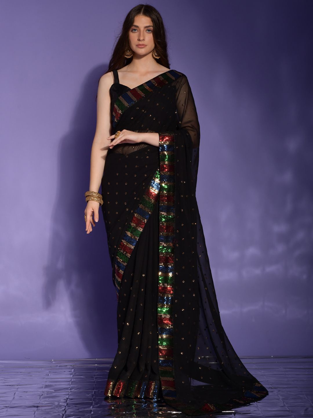 

Krimmple Floral Sequinned Pure Georgette Saree, Black