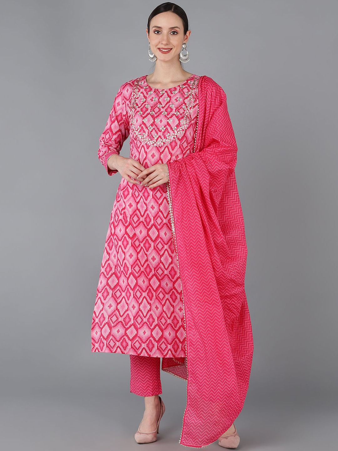 

AHIKA Ethnic Motifs Embroidered Regular Pure Cotton Straight Kurta with Trousers & Dupatta, Pink