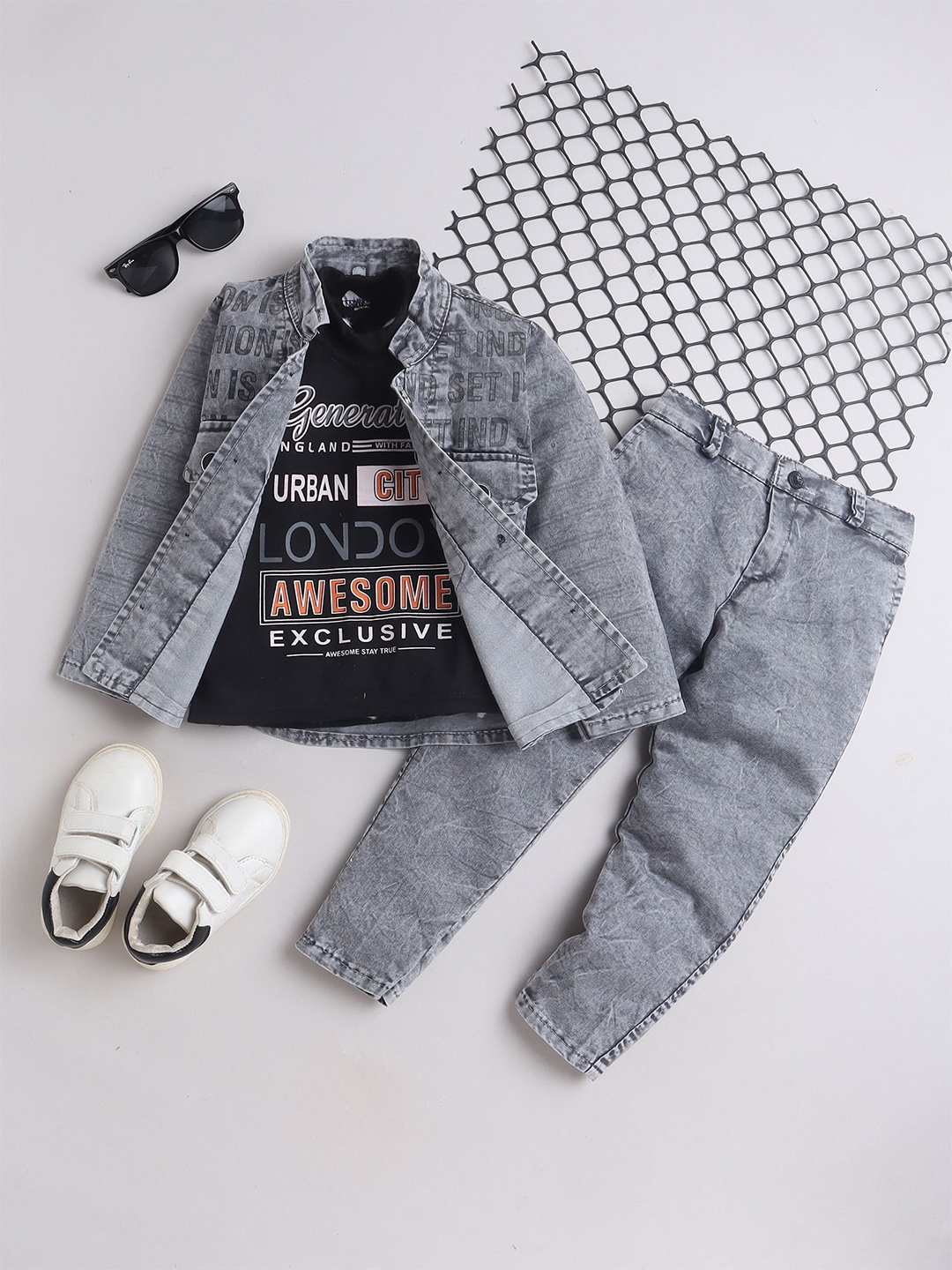 

FOURFOLDS Boys Printed Mandrain Collar T-shirt and Shirt with Trouser, Grey