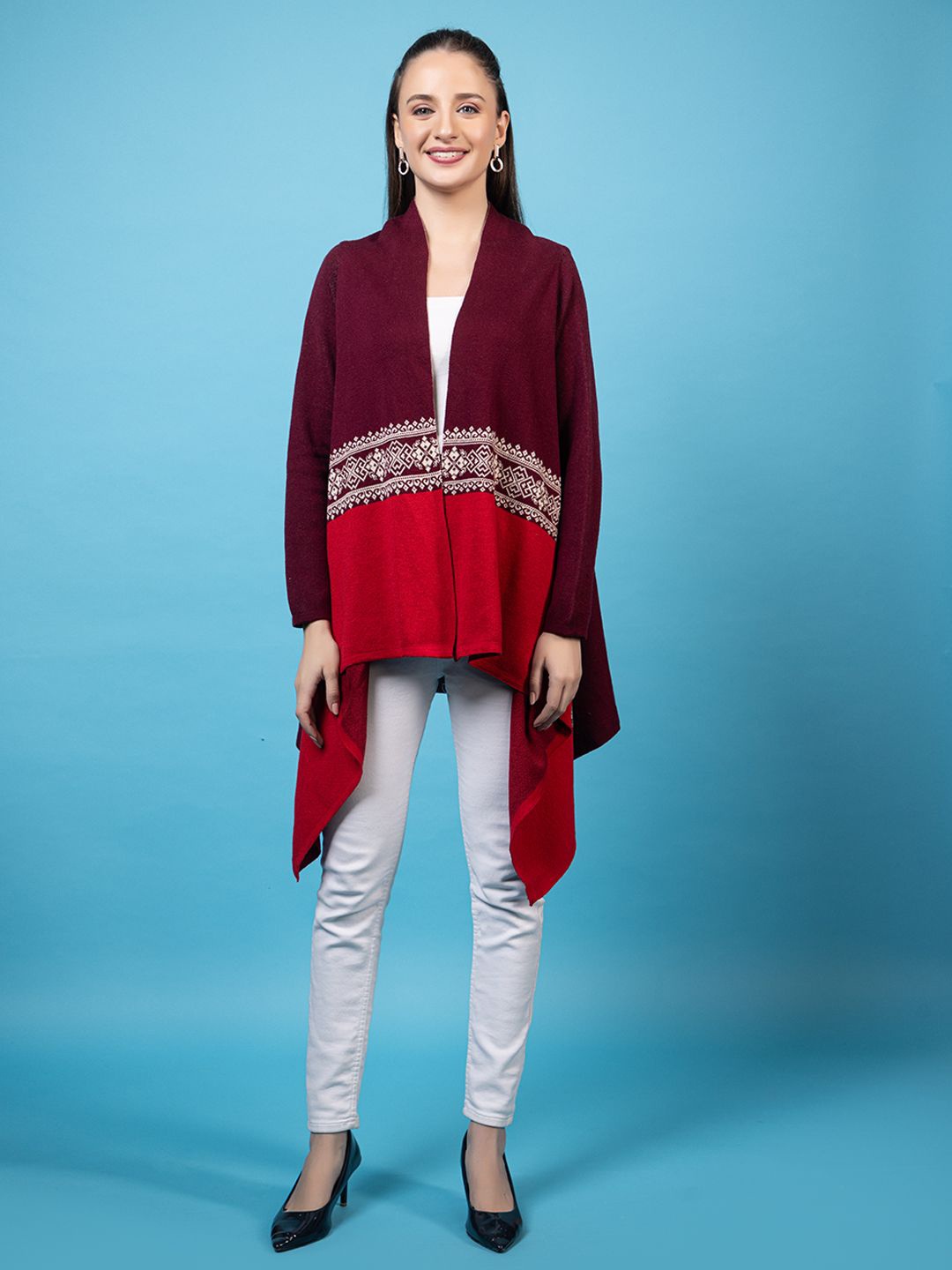 

Anouk Maroon Printed Open Front Shrug