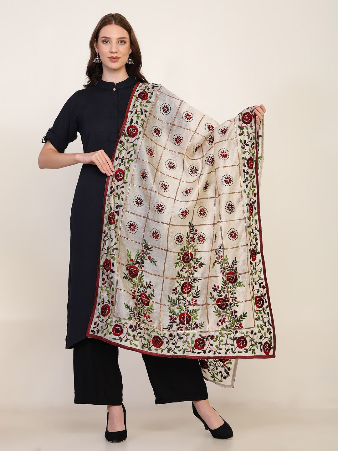 

Tweedle Floral Punjabi Phulkari Embroidered Chanderi Dupatta, Maroon