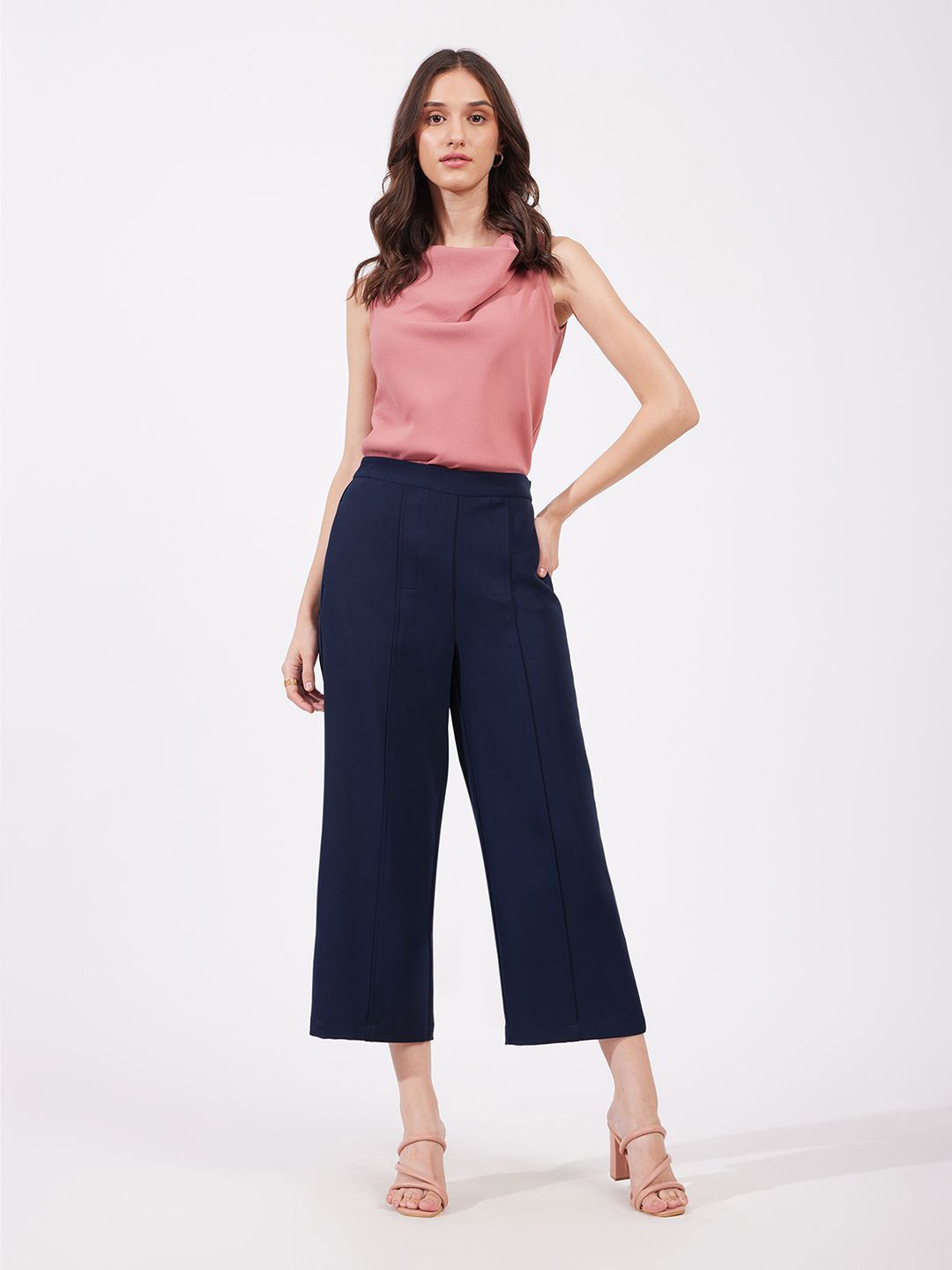 

FableStreet Women Loose Fit Wide Leg Trousers, Navy blue