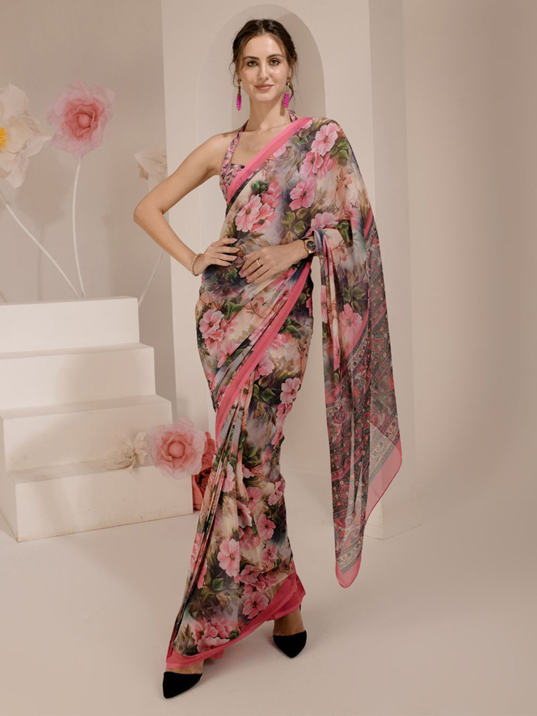 

BAESD Floral Pure Silk Saree, Pink