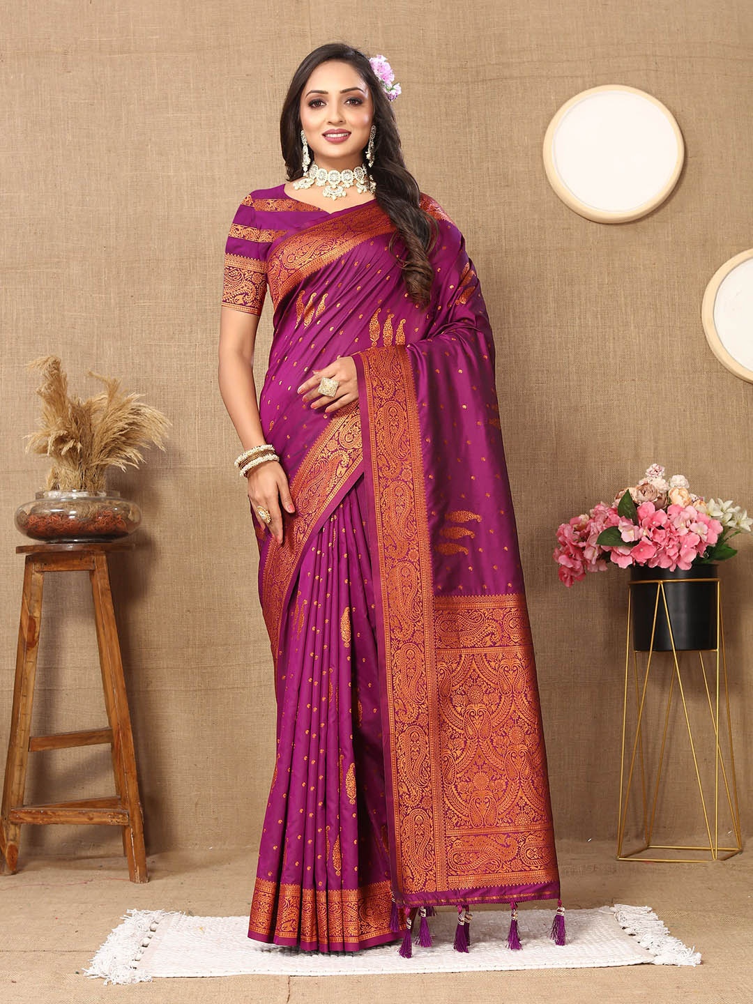 

Kriyansh Ethnic Motifs Zari Silk Cotton Banarasi Saree, Purple