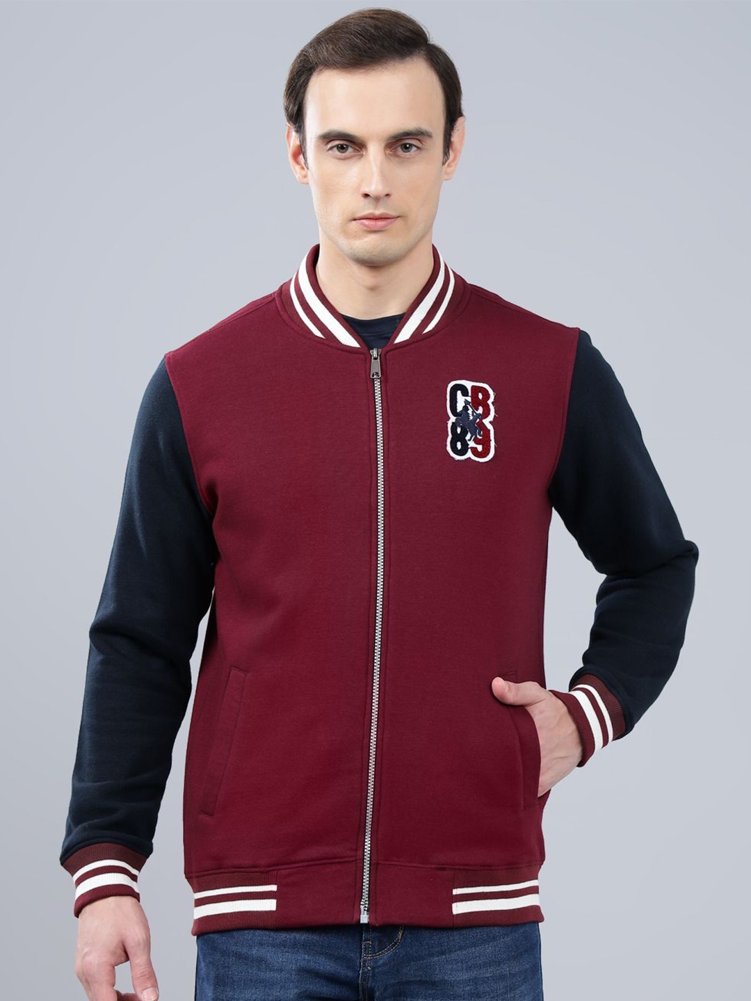 

Cantabil Men Colourblocked Henley Neck Front-Open Sweatshirt, Maroon