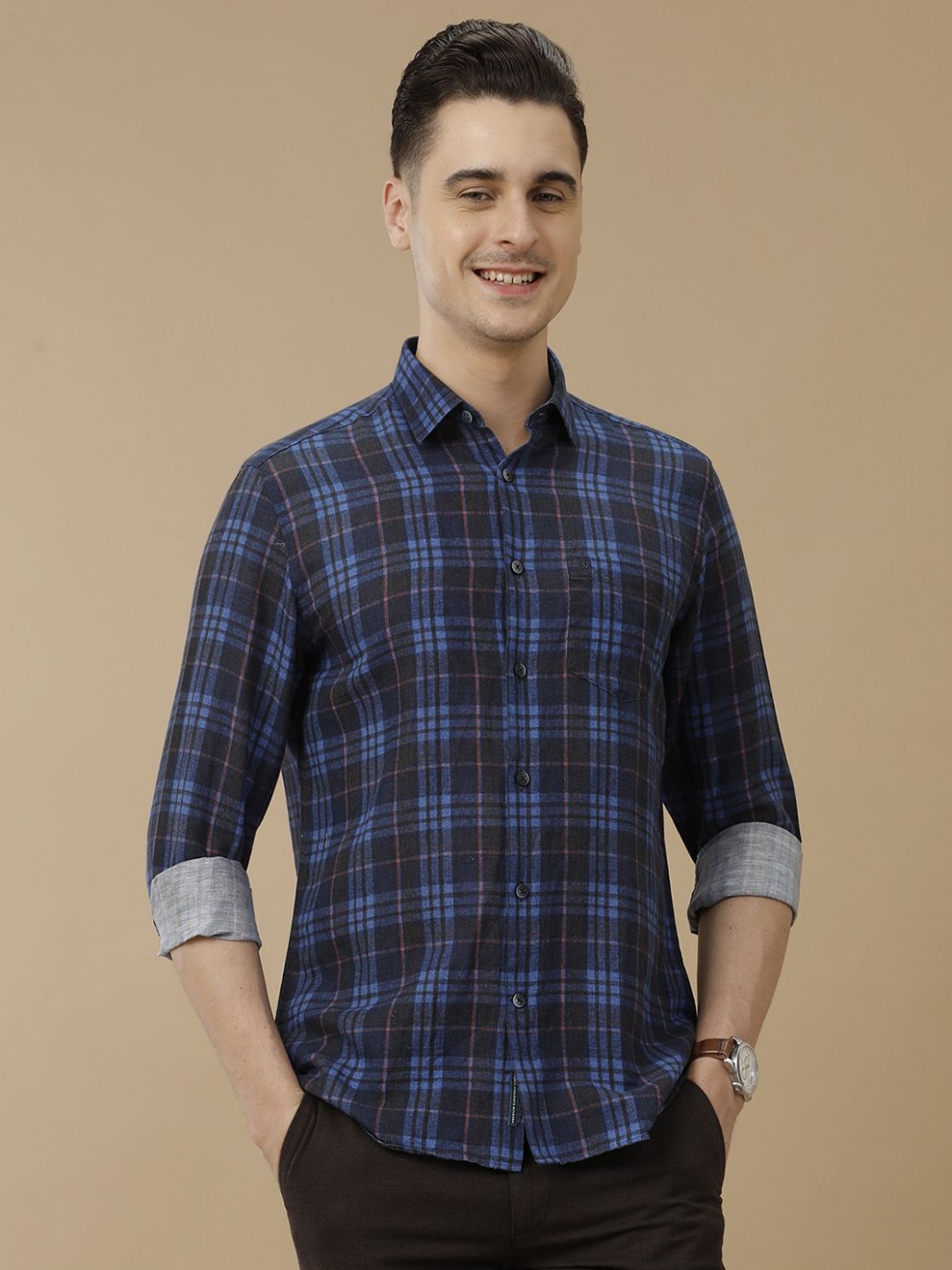 

Linen Club Men Contemporary Slim Fit Tartan Checks Checked Casual Shirt, Navy blue