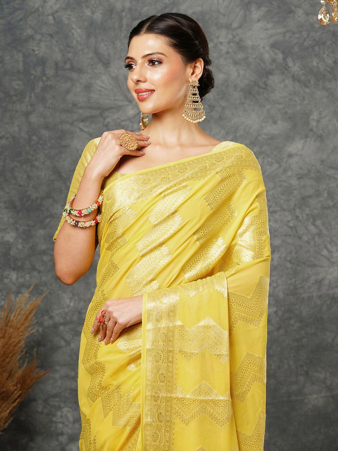 

Satrani Ethnic Motifs Zari Pure Georgette Banarasi Saree, Yellow