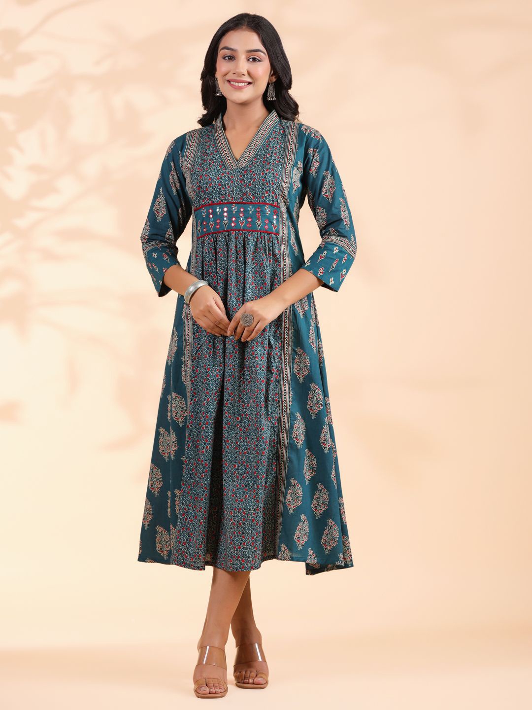 

Vbuyz Ethnic Motifs Printed Cotton A-Line Midi Dress, Blue