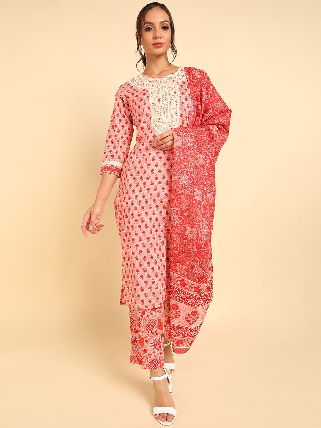 

AHIKA Floral Printed Thread Work Pure Cotton Straight Kurta with Trousers & Dupatta, Pink