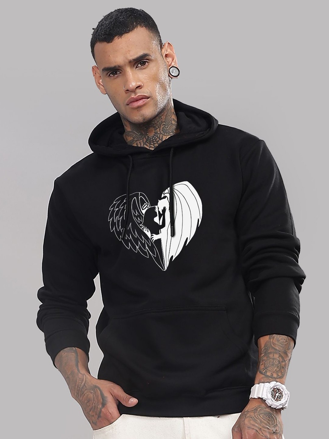 

ADRO Men Graphic Printed Hooded Cotton Sweatshirt, Black