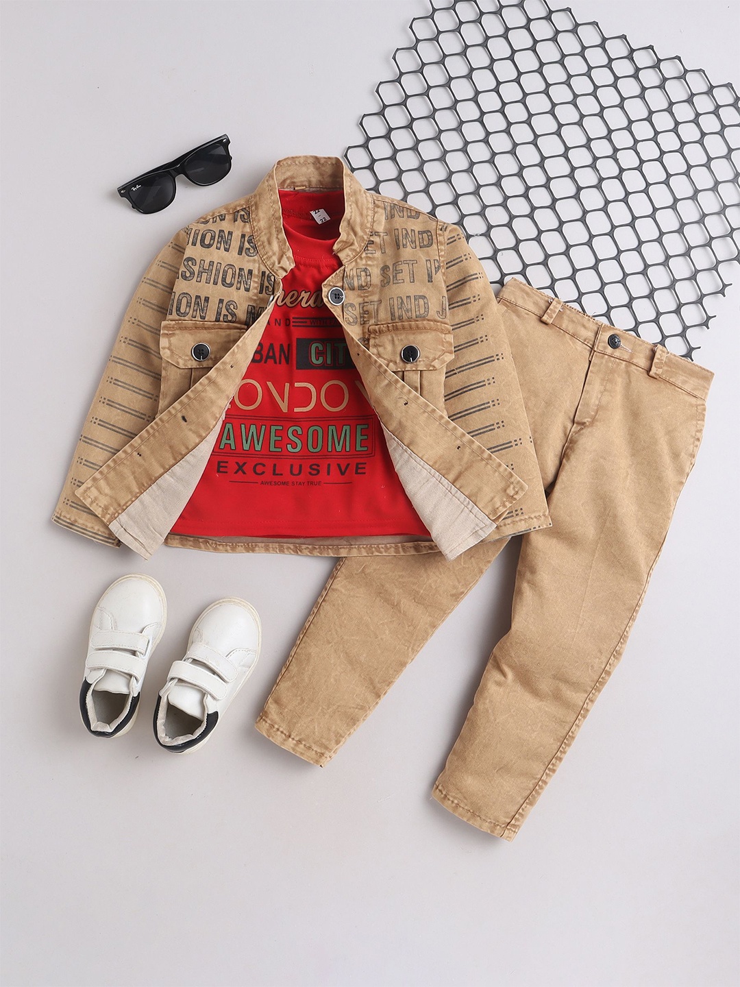 

FOURFOLDS Boys Mandarin Collar T-shirt and Shirt with Trousers, Beige