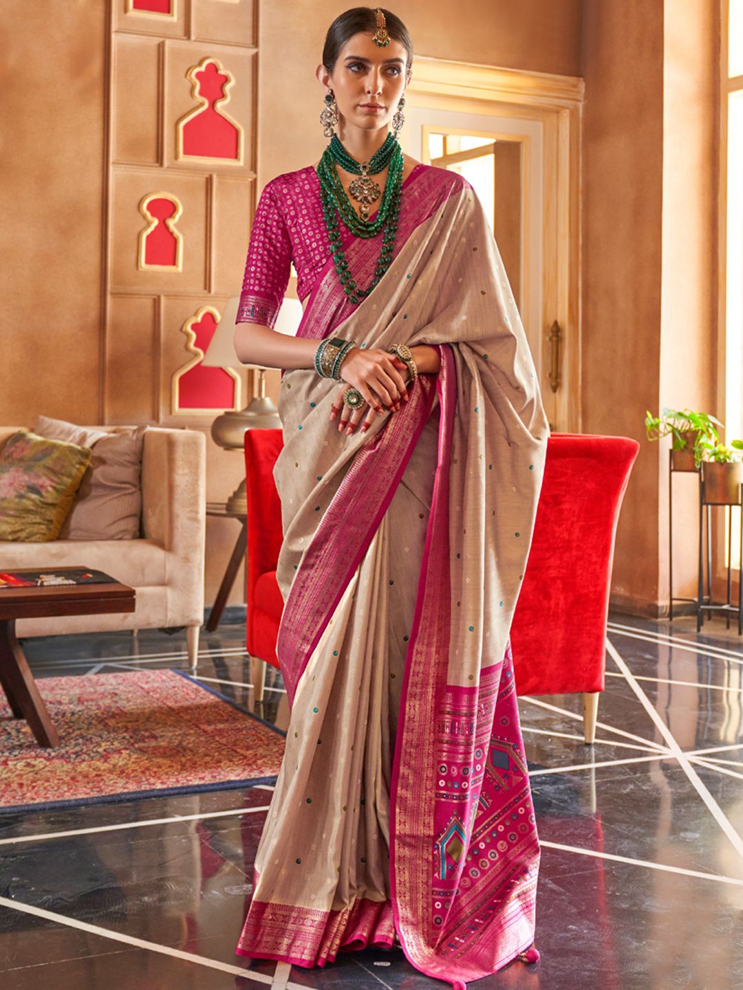 

Panzora Polka Dot Zari Silk Blend Patola Saree, Beige