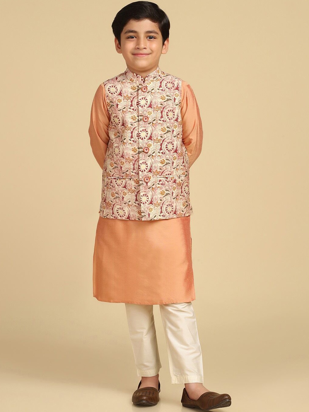 

KISAH Boys Printed Straight Kurta with Pyjamas, Peach