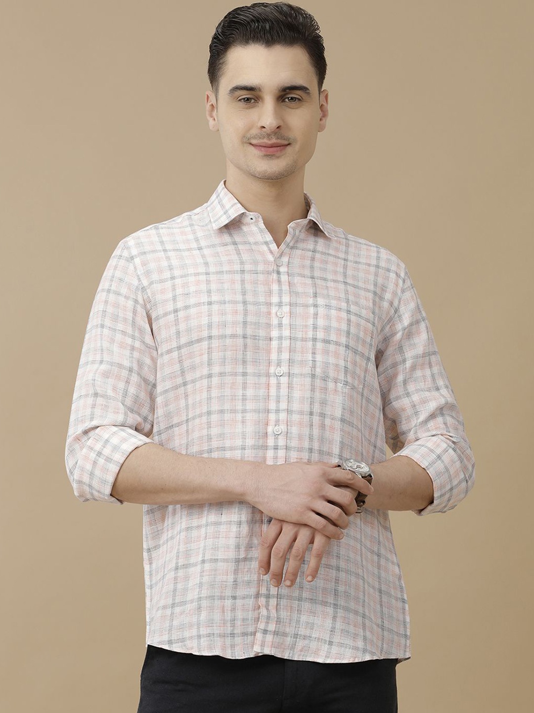 

Linen Club Men Contemporary Spread Collar Checked Slim Fit Casual Shirt, Orange