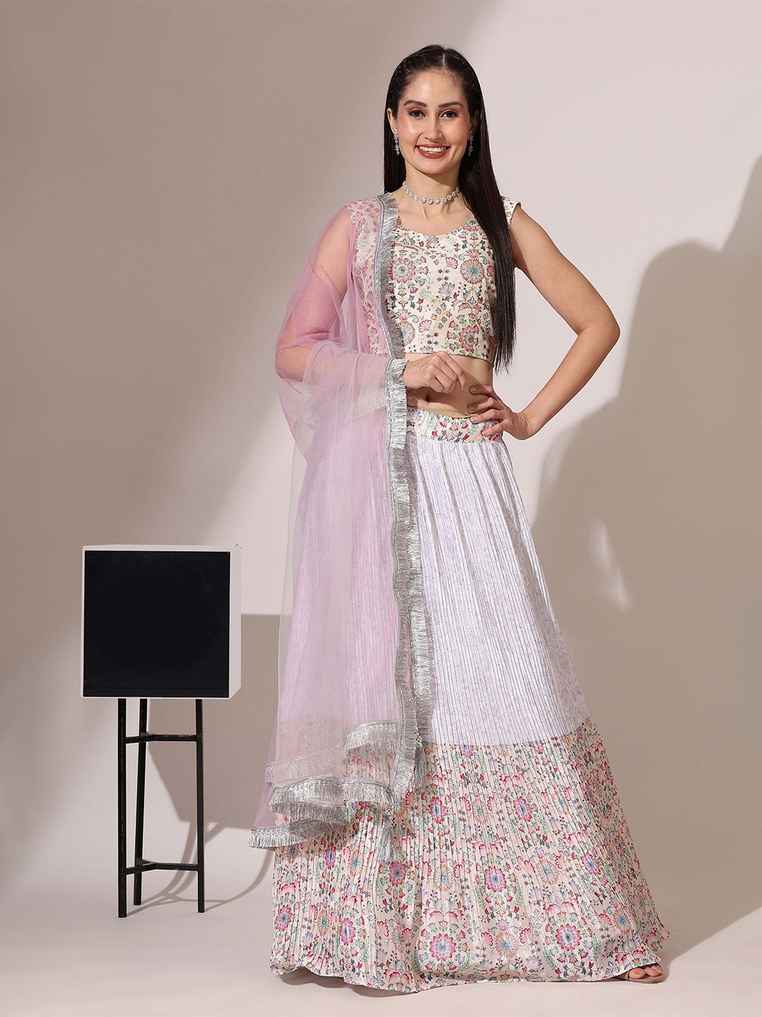 

Fabcartz Printed Sequinned Silk Semi Stitched Lehenga & Unstitched Blouse With Dupatta, White