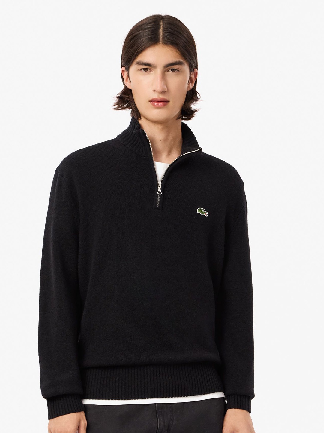 

Lacoste Men Printed Mock Collar Woollen Pullover, Black