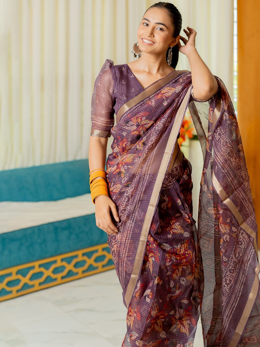 

KALINI Floral Zari Saree, Purple