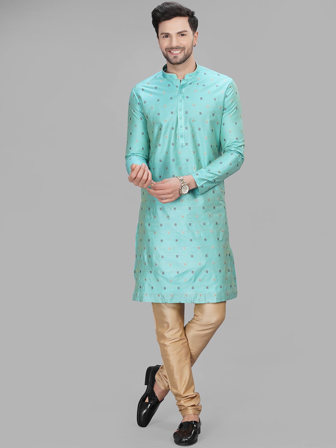 

LA'SCOOT Geometric Printed Mandarin Collar Straight Kurta With Churidar, Sea green