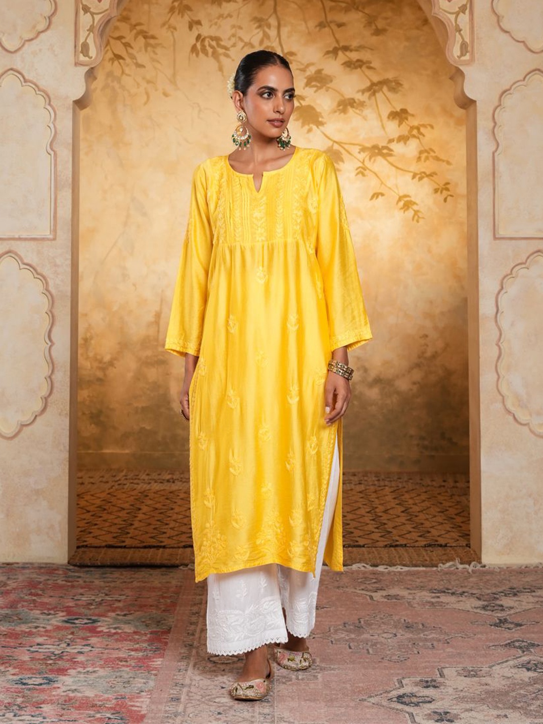 

House of Chikankari Chikankari Woven Kurta, Yellow