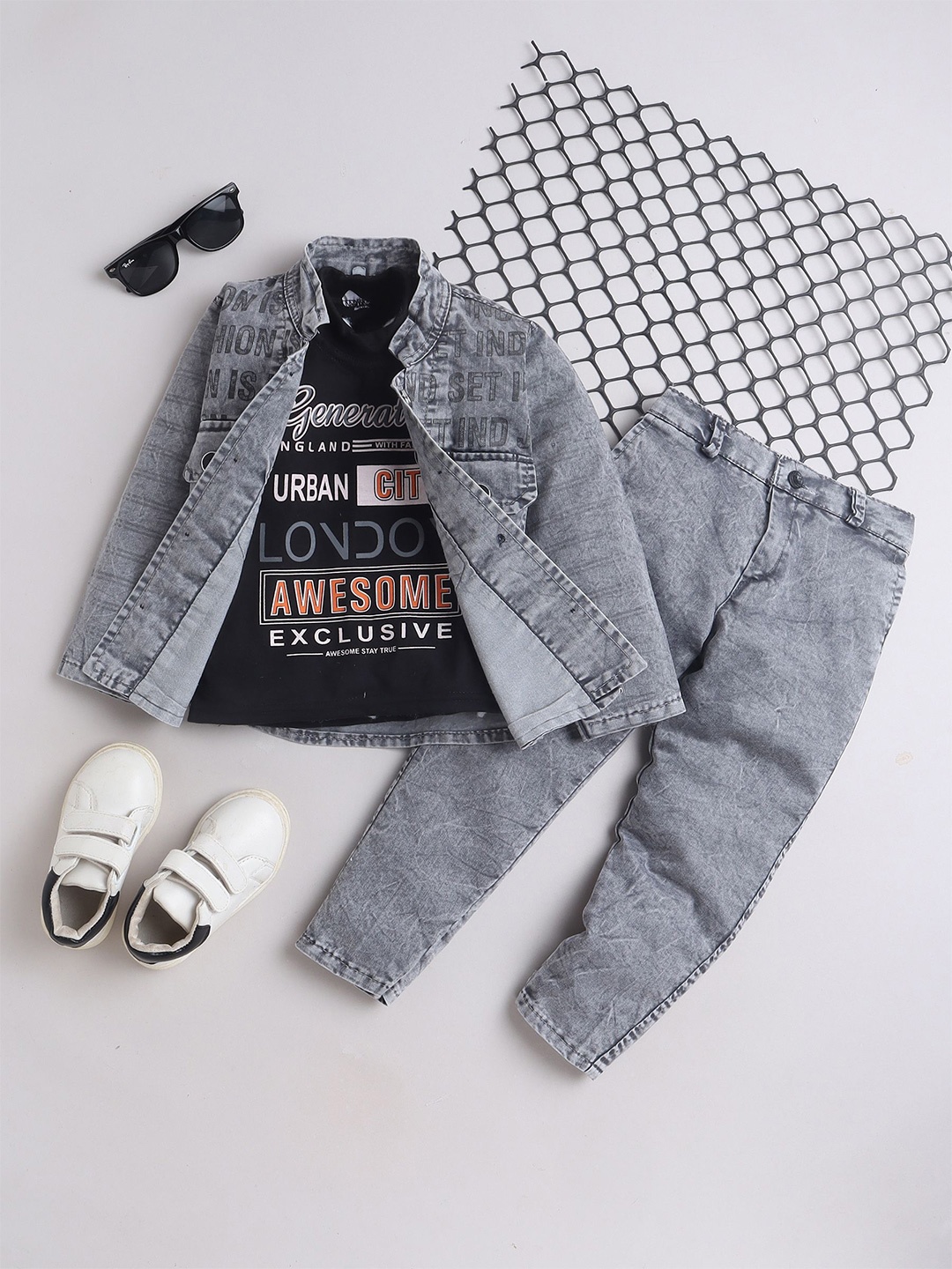 

BAESD Boys Printed Mandarin Collar T-Shirt with Shirt and Trouser, Grey