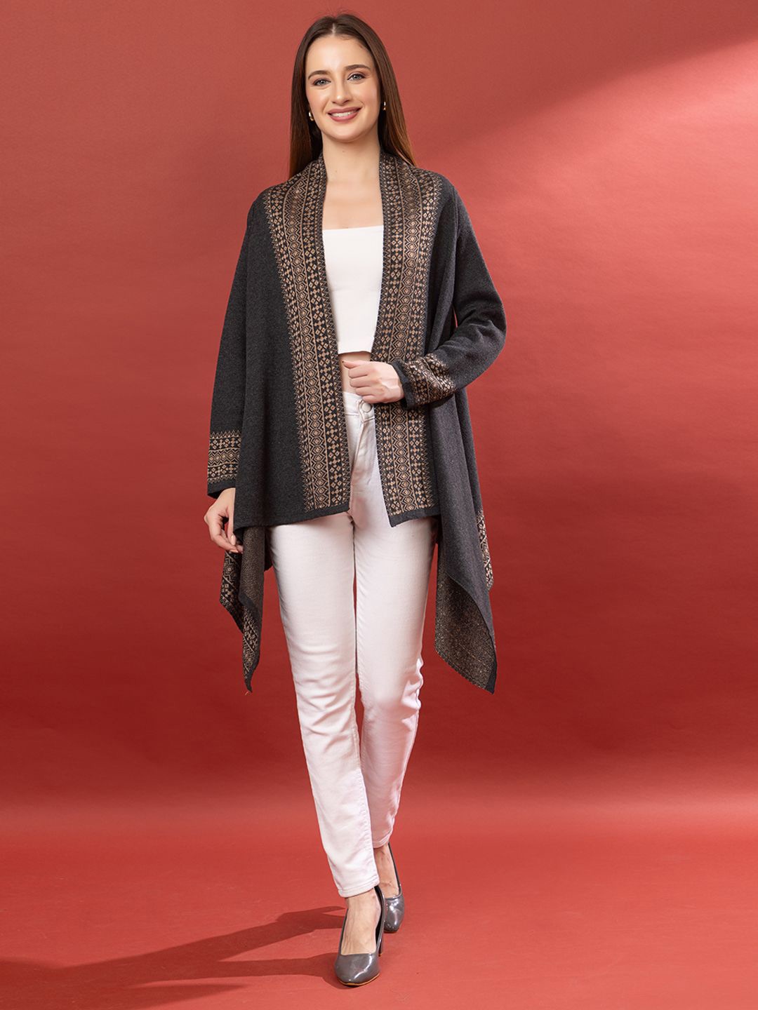 

Anouk Charcoal Geometric Printed Open Front Shrug