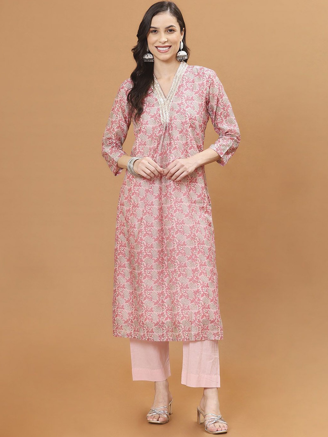 

Meena Bazaar Floral Printed Regular A Line Kurta with Trousers, Peach