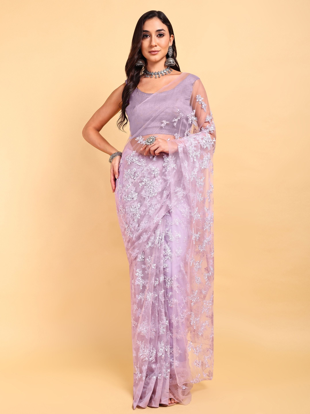 

DOERAA Ethnic Motifs Embellished Embroidered Sequined Net Party Wear Saree, Lavender