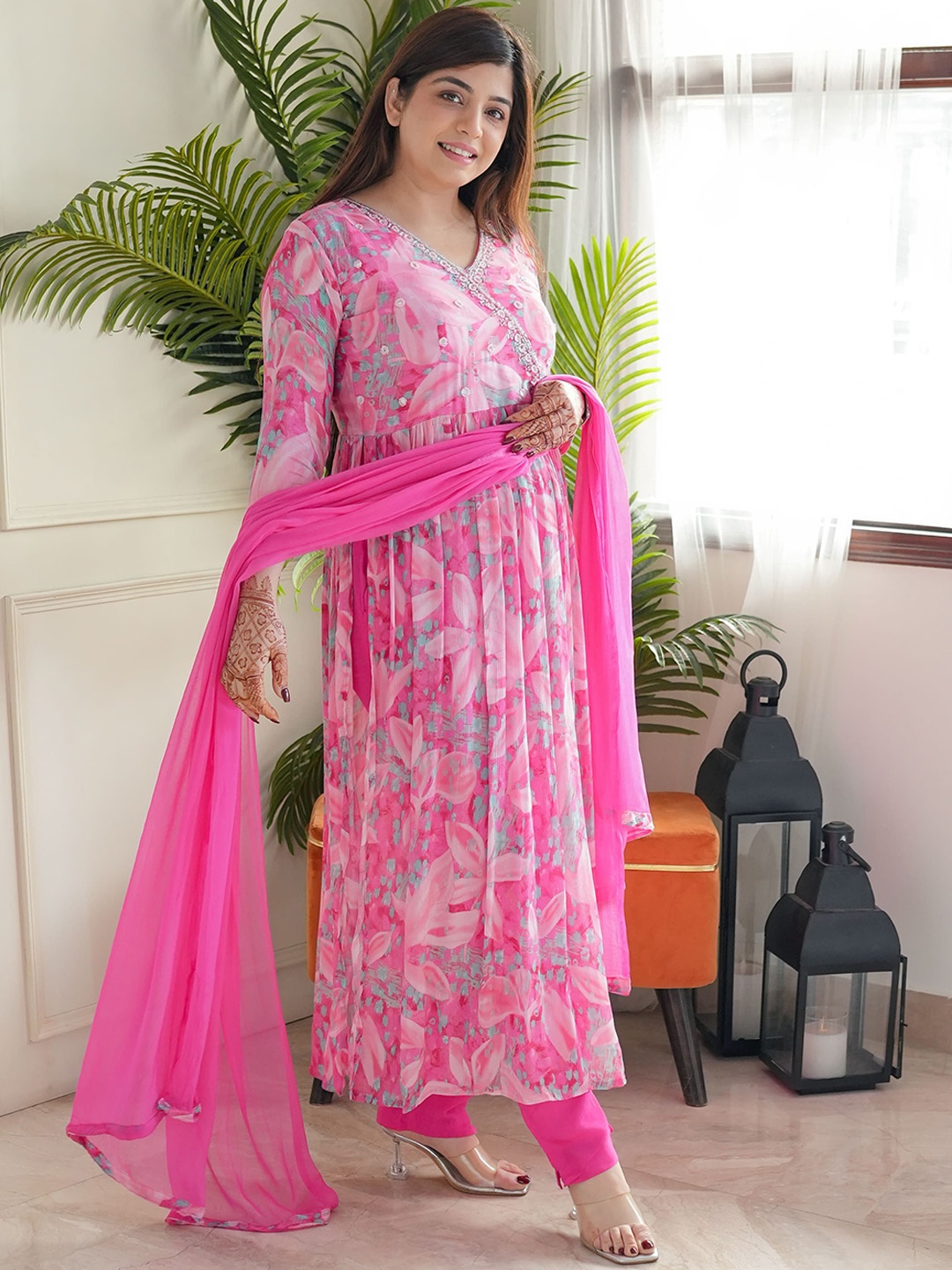 

KALINI Pink Floral Printed Mirror Work Anarkali Kurta with Trouser & Dupatta