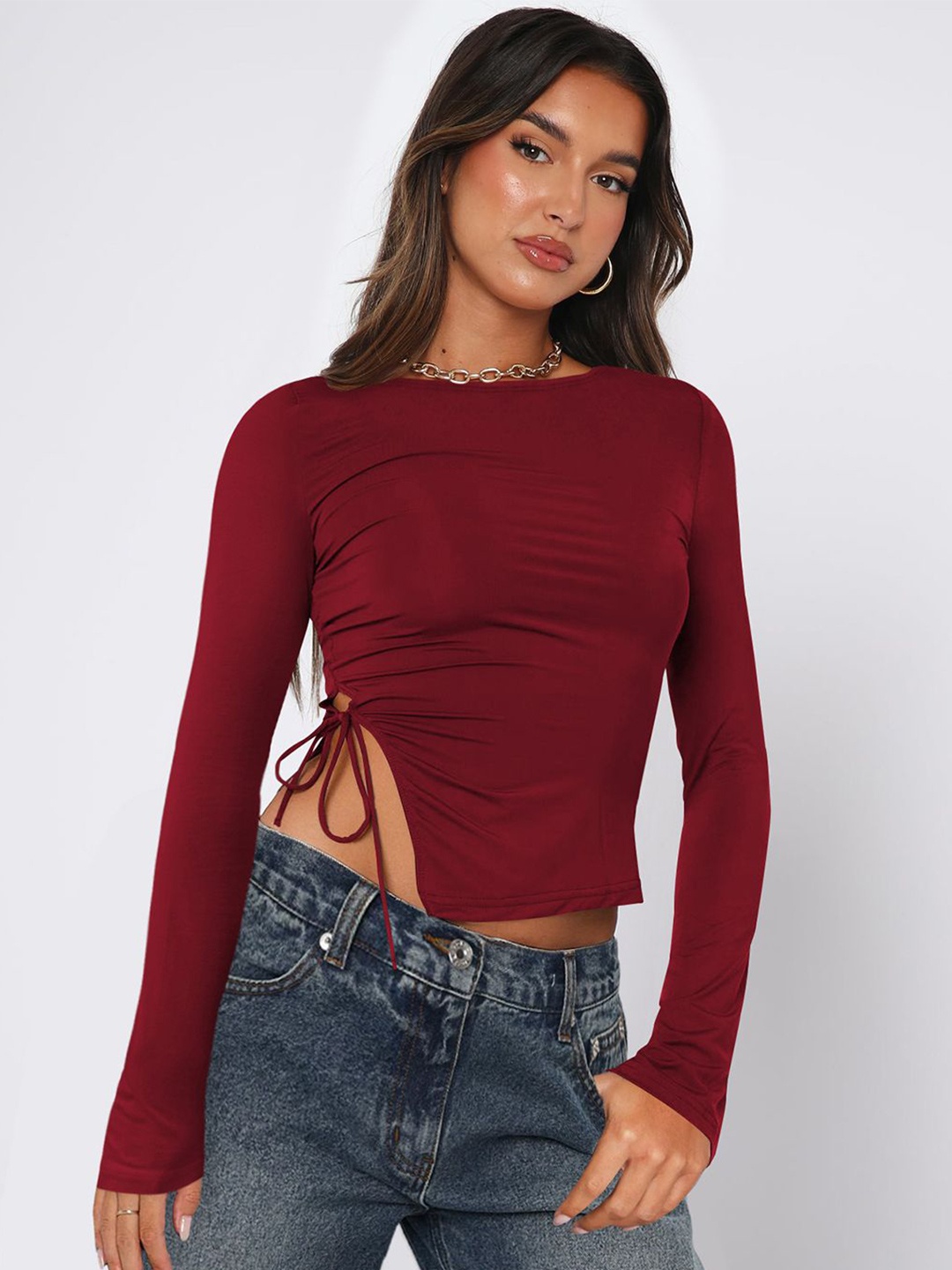 

JC Mode Women Round Neck Fitted Crop Top, Maroon